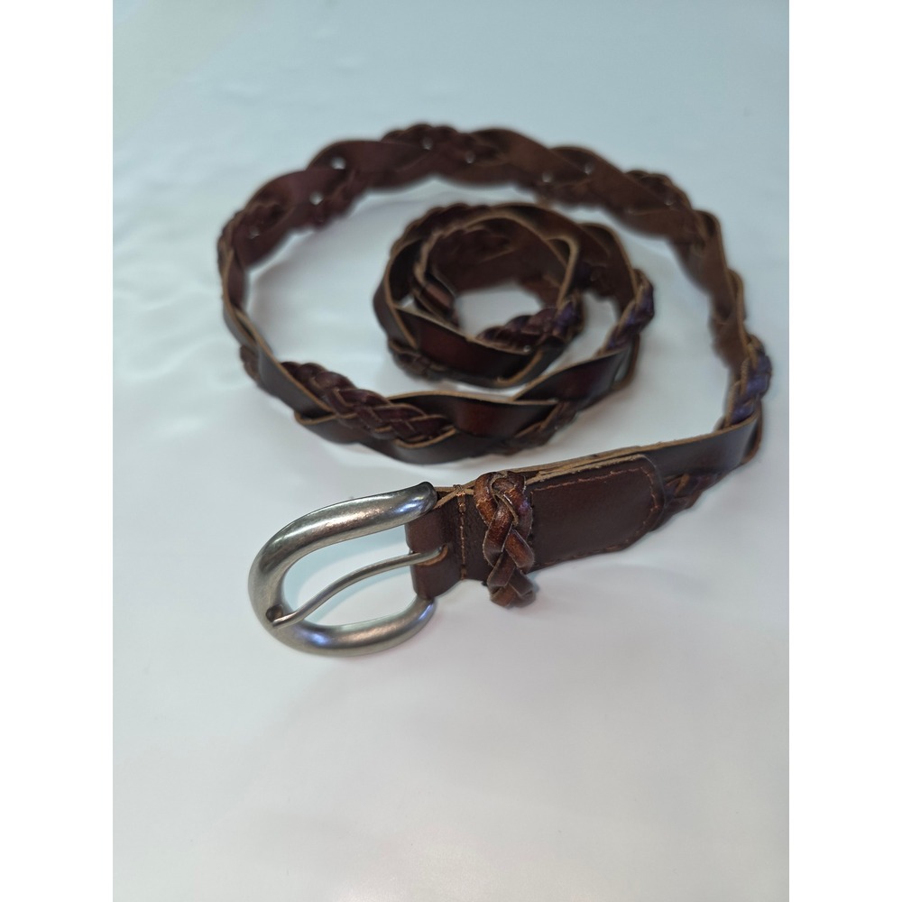 Woven Braided Leather Belt Dark Brown Silver Buckle RLJ4027200 Size S